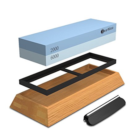 Sharpening Stone Set, Bearmoo Whetstone 2000 / 6000 Grit Waterstone Wooden Holder and Knife Guide Included