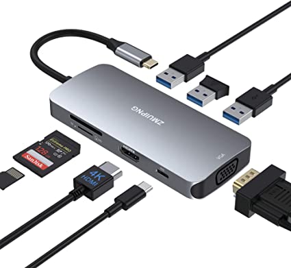 USB C Hub Docking Station,8 IN 1 Type C Dongle Adapter to 4K HDMI, VGA, 3 USB 3.0, Power Delivery and SD/TF Card Reader for Macbook Pro Air 2020/2019/2018,Surface Book 2，Dell, Windows Laptop