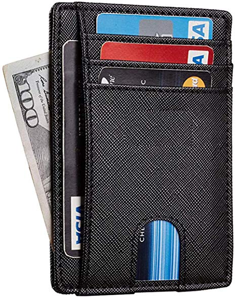 BOROLA Slim Wallet RFID Blocking Minimalist Genuine Leather Crosshatch Black Front Pocket Wallet
