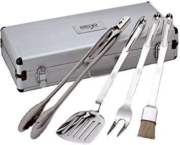 All-Clad T147 Stainless Steel Tongs Spatula Fork and Brush BBQ Tools Cookware Set, 4-Piece, Silver