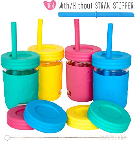 Elk and Friends Kids Cups/Toddler cups with Straws – Glass Mason Jars 8 oz with Silicone Sleeves & Straws   Straw & Leakproof Lids – Spill Proof cups for Kids, Sippy Cups for Toddlers