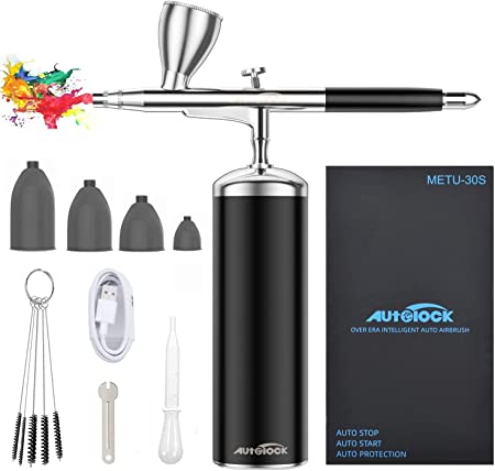 Autolock Airbrush, Airbrush Kit 30PSI with Compressor, Wireless Airbrush Gun Kit, Rechargeable Portable Airbrush Set for Make-up, Pastries, Model Coloring, Nails, Tattoos