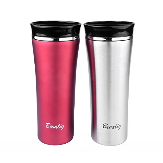 Travel Mug - Coffee Thermos Flask - Vacuum Insulated Thermal Stainless Steel - Stylish Lightweight Spill & Leak Proof - One Hand Click Operation - RED - 450ml