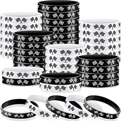 Racing Flag Rubber Bracelets 2.56 Inch Wristbands Race Car Silicone Wristbands for Fitness, Racing, Dirt Bike, Basketball, Workout, Task, Events, Race Car Party Decorations, Black, White (24 Pieces)