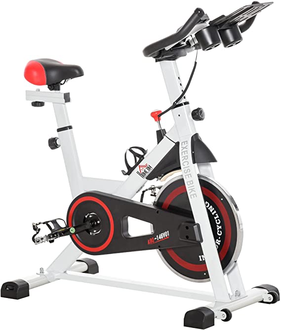 HOMCOM Bicicleta Estática Bicicleta de Fitness Pantalla LCD Asiento Manillar Ajustable Volante de Inercia 8kg Resistencia Regulable 103x53x110-114 cm Acero Blanco