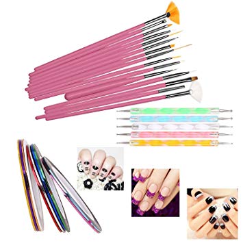 Sgm Nail Art Paint Kit , 15 Pieces Nail Art Paint Brushes With 5 Pieces 2 Way Marbleizing Dotting Pen And 5 Pieces Assorted Colors Nail Striping Tape