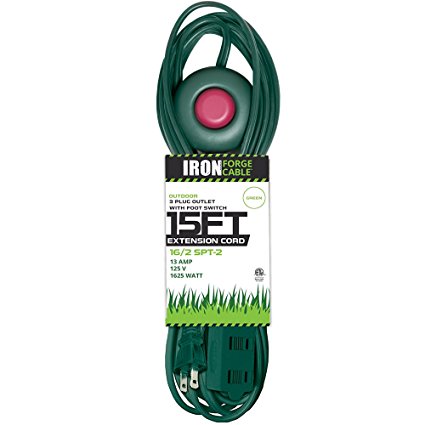 15 Ft Extension Cord with Foot Switch and 3 Electrical Power Outlet - 16/2 Durable Green Foot Tap Extension Cord