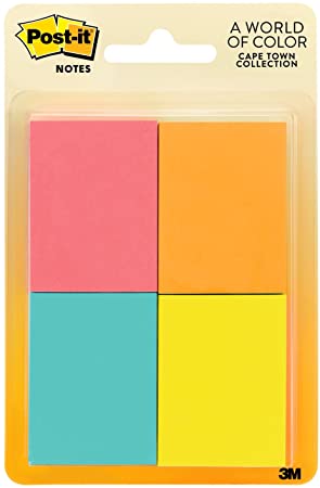 Post-it Notes, 1.5 in x 2 in, Cape Town Collection, 4 Pads/Pack (653-4AF)