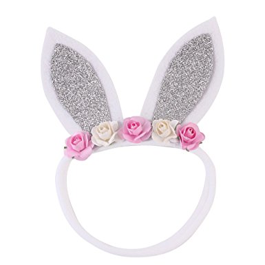 Baby Easter Bunny Headband with Flower Glitter Rabbit Ears for Easter Gift JHE06