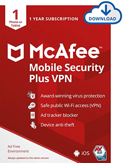 McAfee Mobile Security Plus VPN, 1 Phone or Tablet, Antivirus Software, Internet Security, 1 year subscription, 2020 [PC/Mac Download Code]