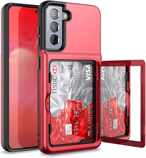 WeLoveCase for Samsung Galaxy S21 Wallet Case with Credit Card Holder & Hidden Mirror, Defender Protective Shockproof Heavy Duty Protection Phone Cover for Samsung Galaxy S21 5G, 6.2 inch Red