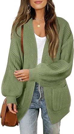 MEROKEETY Women's Fall Open Front Long Lantern Sleeve Cardigan Oversized Chunky Outwear with Pocket