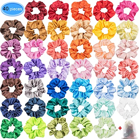 Satin Scrunchies for Hair 40 Colors, EAONE Glossy Hair Scrunchies Elastic Hair Ties Ponytail Holder Headbands for Women Girls, 40 Pieces
