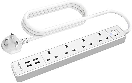 PAPALOOK QC403 Extension Lead, 4 Sockets and 4 USB Charging Ports Power Strip with 4.9ft Cable, Surge Protection Extension Cords with On/Off Switch for Home Office