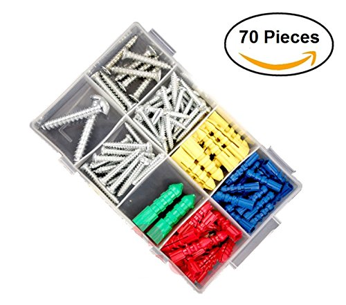 70 Piece Anchors & Tapping Screws Assortment, Pan Head Screws Complete with Rawlplugs, Assorted Sizes Wall Plugs with Screws, Ideal for Screwing into Porous or Brittle Walls. (70 Piece Set)