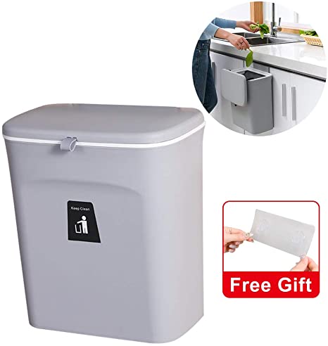 Aogist Hanging Trash Can with Sliding Cover, Wall Mounted Trash Bin Waste Bin with Lid for Kitchen Cabinet Door, Bathroom, Toilet, Bedroom, Living Room(Grey)