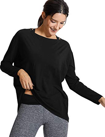 CRZ YOGA Long Sleeve Workout Shirts for Women Loose Fit-Pima Cotton Yoga Shirts, Casual Fall Tops Shirts