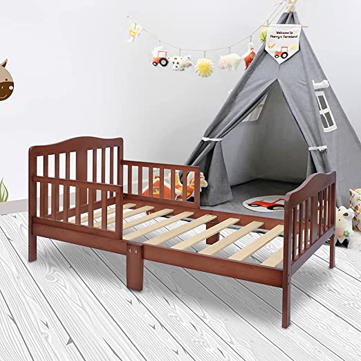 JOYMOR Toddler Bed Kids Wooden Bed Frame w/Safety Guardrail for Children Bedroom Furniture for Boys & Girls (Brown)