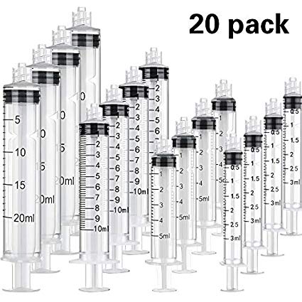 20 Pack Plastic Syringe Luer Lock with Measurement, No Needle (3 ML, 5 ML, 10 ML, 20 ML)