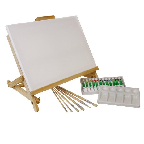 US Art Supply® 21-Piece Acrylic Painting Table Easel Set with, 12-Tubes Acrylic Painting Colors, 11"x14" Stretched Canvas, 6 Artist Brushes, Plastic Palette with 10 Wells