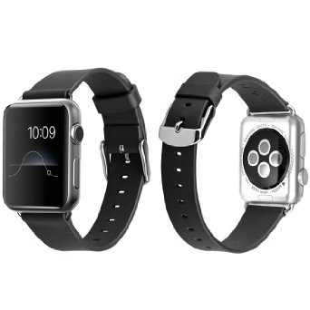 Apple Watch Band JampD 38mm Genuine Leather Strap Wrist Band Replacement w Metal Clasp Adapter for Apple Watch All Models 38mm Normal Size - Leather Black