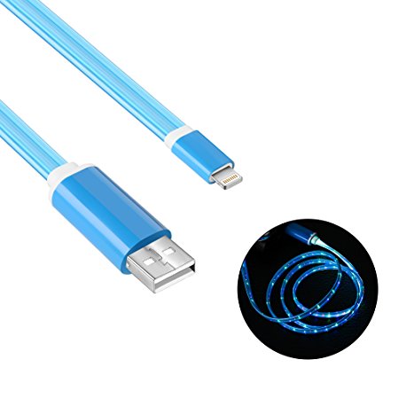Lightning Cable, Bambud Flowing LED Light Up iPhone Charger Cable 3 ft USB A to Lightning Sync and Charging iPhone Cable Cord for iPhone 7/7 Plus/6s/6s Plus/6/6 Plus/5s/5c/5/iPad/iPod (iOS Light Blue)
