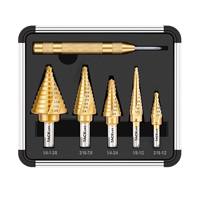 Tacklife PSD4 Titanium Spiral Grooved Step Drill Bit Set & Automatic Center Punch, High Speed Steel, Double Cutting Blades Design with Aluminum Case |5-Piece Set| Total 50 Sizes