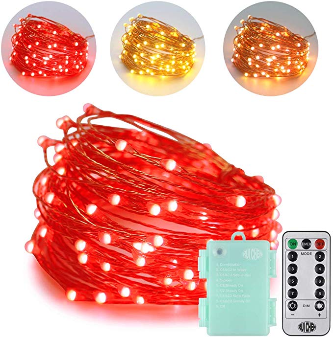 Ruichen Dimmable Battery Powered LED Fairy String Lights, 33ft 100 LED Dual Color Changing Fairy Lights Remote 8 Modes Waterproof Copper Wire Lights Outdoor Garden Patio(Warm White&Red)