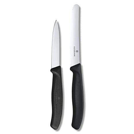 Victorinox Kitchen Knife, Set of 2, Sharp Stainless Steel Straight Edge and Wavy Edge Knives, Black