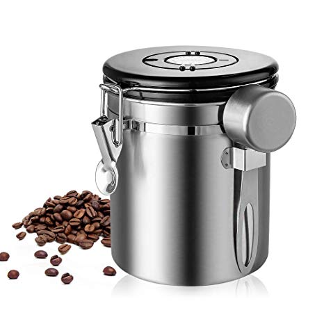 Airtight Coffee Canister, Large and Sealed Stainless Steel Coffee Container with Co2 Valve and Scoop, 16 oz Storage Kichen Jar for Keeping Beans & Sugar & Powder & Tea Fresh (B)