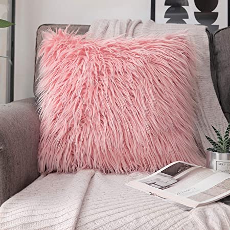 Phantoscope Luxury Series Throw Pillow Covers Faux Fur Mongolian Style Plush Cushion Case for Couch Bed and Chair, Pink, 26 x 26 inches, 65 x 65 cm
