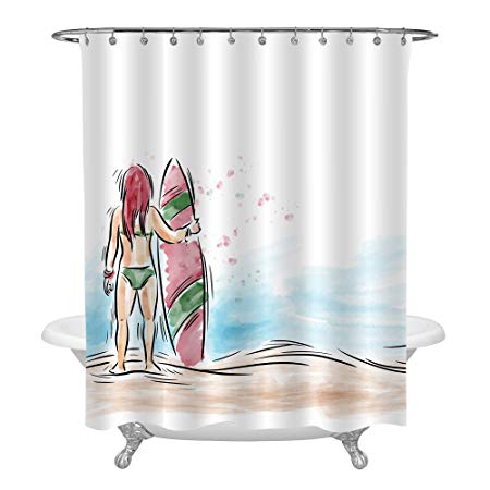 MitoVilla Summer Coastal Beach Sports Theme Bathroom Decor Girl Surfer Waiting for The Waves Shower Curtain, Heavy Duty Waterproof Mildew Resistant Fabric, 72x72
