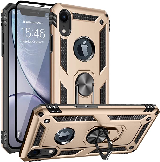 DICHEER for iPhone XR Case with Tempered Glass Screen Protector, Heavy Duty 15ft Drop Tested Shockproof Cover with Magnetic Ring Kickstand,Protective Phone Cover for iPhone XR Gold