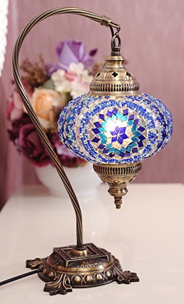 New BOSPHORUS Stunning Handmade Swan Neck Turkish Moroccan Mosaic Glass Table Desk Bedside Lamp Light with Bronze Base (Blue)