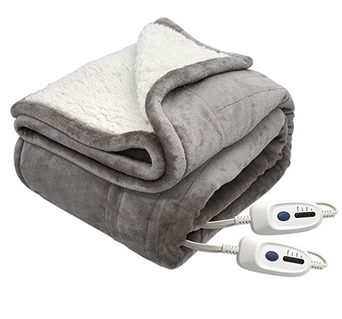 MARQUESS Electric Blanket Microplush Sherpa and Reversible Flannel Washable Heated Blanket Comfortable with 4 Heat Settings/Safety 10 Hours Auto-Off Dual Controllers(84x90 Grey)
