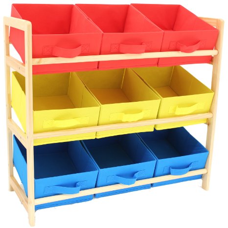 Hartleys 3 Tier Storage Unit with 9 Canvas Bins - Yellow, Blue & Red