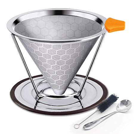 Honeycombed Stainless Steel Coffee Filter, Reusable Pour Over Coffee Filter Cone Coffee Dripper with Removable Cup Stand and Bonus Brush, Stainless steel spoon