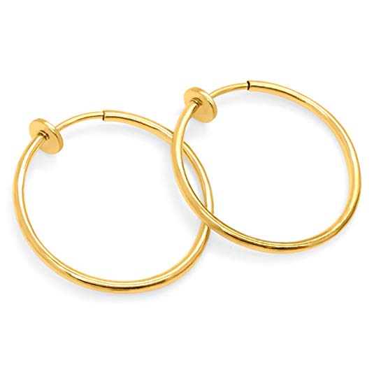 Gold Tone Plated Brass Spring Hoops Earrings Clip On-Small, Medium & Large Hoops for Women, Unpierced (Gold Tone Medium)