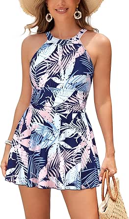 SHEKINI Womens Elegant One Piece Swimdress High Neck Swim Dress Ruched Swim Skirt