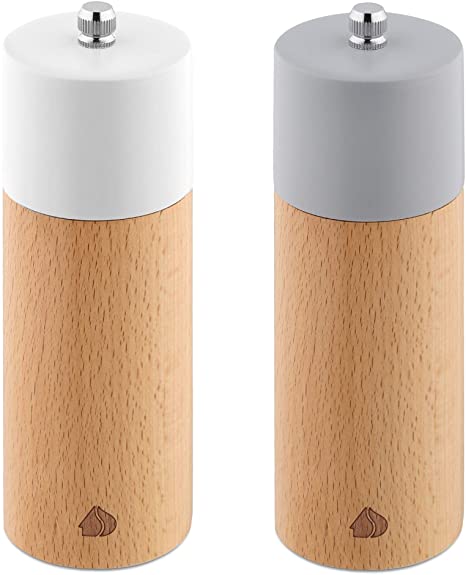 Navaris Salt and Pepper Mill Set - Adjustable Beech Wood Salt and Pepper Grinders Shakers with Ceramic Grinding Core for Home, Restaurants - Design 2