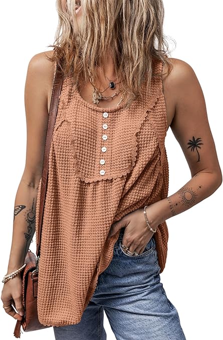 Dokotoo Tank Top for Women Scoop Neck Waffle Knit Sleeveless Shirts Lace Trim Blouses Tunic Tops