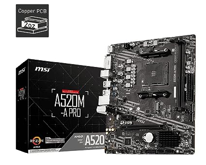 MSI A520M-A PRO Gaming Motherboard (AMD AM4, DDR4, PCIe 4.0, SATA 6Gb/s, Dual M.2, USB 3.2 Gen 1, DVI/HDMI, Micro-ATX)