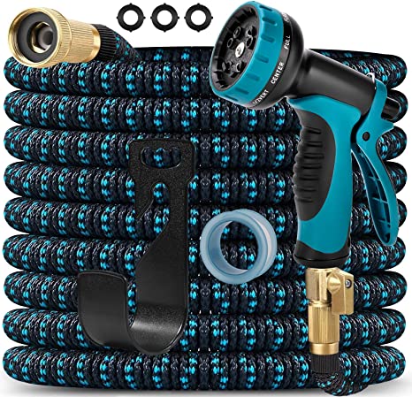 Expandable Garden Hose 75FT with 8 Function Nozzle and 3/4 inch Solid Brass Fittings Durable 3-Layers Latex Lightweight & No-Kink Flexible Water Hose