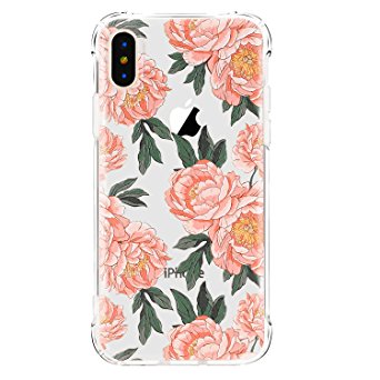 iPhone X Case,iPhone X Case with flowers, LUOLNH Slim Shockproof Clear Floral Pattern Soft Flexible TPU Back Cover case for iPhone X 2017 -Red Peony