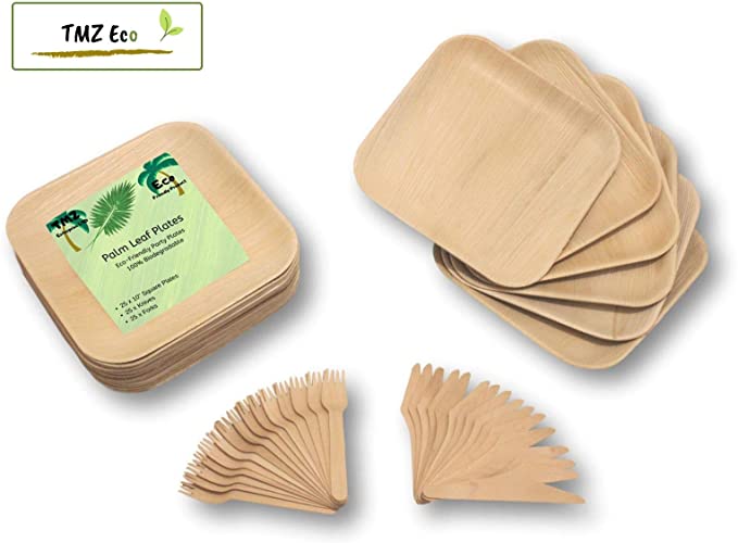 Palm Leaf Plates & Wooden Fork/Knife Dinnerware Set Disposable (75 pc) | Natural Eco Friendly 10in Square Plates & Cutlery | Compostable Biodegradable Sustainable Party Pack for Occasions   Events