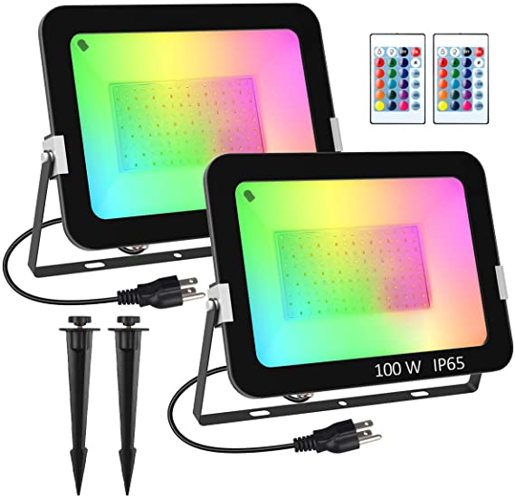 T-SUN RGB Flood Lights 100W, LED Flood Lights RGB Color Changing Floodlights with Remote Control, IP66 Waterproof Outdoor Indoor Dimmable Decorative Floodlight for Garden,Yard,Party (100W-2 Pack)