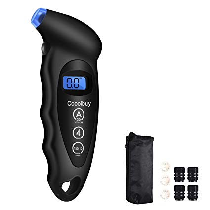 Cooolbuy 150 PSI Digital Tire Pressure Gauge 4 Settings with Non-Slip Grip and Backlit LCD-Button Cells,Tire Valve Caps,Carry Bag Included (Black-1 Pack)