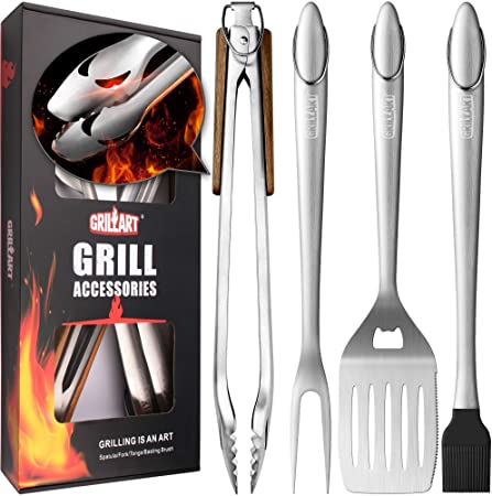 GRILLART Heavy Duty BBQ Grill Tools Set. Snake-Eyes Design Stainless Steel Grill Utensils Kit - 18” Locking Tongs, Spatula, Fork, Basting Brush. Best Barbecue Grilling Accessories, Gift for Men