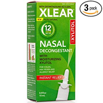 XLEAR 12-Hour Decongestant Natural Saline Nasal Spray with Xylitol & Oxymetazoline, 0.5 fl oz (Pack of 3)