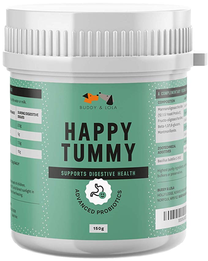 Buddy & Lola Happy Tummy Dog Probiotic - Daily Digestive Support with Probiotics, Prebiotics, Enzymes, Fibre, Amino Acid. Helps Digestive Disorders and Loose Stools in Dogs and Cats